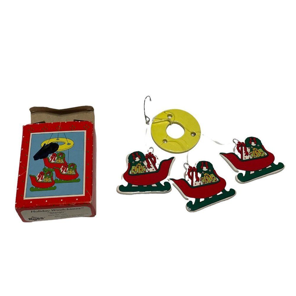 Vintage RUSS Holiday Chime  Santa Sleigh Presents Ceramic Christmas Ornament